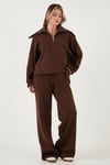 Lela Pamuklu Oversize Fit Yarım Fermuarlı Yaka Uzun Kollu Triko Bayan Takım 68351218 KAHVE