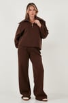 Lela Pamuklu Oversize Fit Yarım Fermuarlı Yaka Uzun Kollu Triko Bayan Takım 68351218 KAHVE