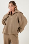 Lela Pamuklu Oversize Fit Yarım Fermuarlı Yaka Uzun Kollu Triko Bayan Takım 68351218 HAKİ
