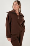 Lela Pamuklu Oversize Fit Yarım Fermuarlı Yaka Uzun Kollu Triko Bayan Takım 68351218 KAHVE