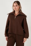 Lela Pamuklu Oversize Fit Yarım Fermuarlı Yaka Uzun Kollu Triko Bayan Takım 68351218 KAHVE