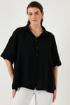 Lela Pamuklu Oversize Yırtmaçlı Kısa Kollu Kadın Gömlek CF25S166965 SİYAH