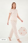 Lela Pamuklu Regular Fit Bisiklet Yaka Kısa Kollu Desenli Rahat Kadın Pijama Takımı 65770753 EKRU