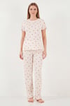 Lela Pamuklu Regular Fit Bisiklet Yaka Kısa Kollu Desenli Rahat Kadın Pijama Takımı 65770753 EKRU
