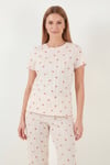 Lela Pamuklu Regular Fit Bisiklet Yaka Kısa Kollu Desenli Rahat Kadın Pijama Takımı 65770753 EKRU