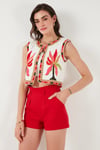 Lela Pamuklu Regular Fit Çiçekli Nakış İşlemeli Crop Bayan Yelek 676291 EKRU