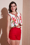 Lela Pamuklu Regular Fit Çiçekli Nakış İşlemeli Crop Bayan Yelek 676291 EKRU