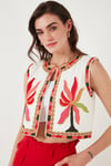 Lela Pamuklu Regular Fit Çiçekli Nakış İşlemeli Crop Bayan Yelek 676291 EKRU