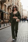 Lela Pamuklu Regular Fit Kapüşonlu Kadife Dokulu 3'lü Bayan Takım 6830097 HAKİ