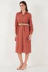 Lela Pamuklu Regular Fit Kemerli Midi Boy Gömlek Kadın Elbise 67810301 CAMEL