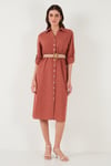 Lela Pamuklu Regular Fit Kemerli Midi Boy Gömlek Kadın Elbise 67810301 CAMEL