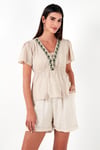 Lela Pamuklu Regular Fit Nakış İşlemeli Püsküllü Bayan Bluz 611BZ0282 BEJ