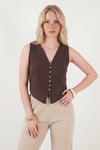 Lela Pamuklu Regular Fit V Yaka Düğme Detaylı Yazlık Bluz Kadın Yelek 5866661 KAHVE