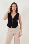 Lela Pamuklu Regular Fit V Yaka Düğme Detaylı Yazlık Bluz Kadın Yelek 5866661 SİYAH