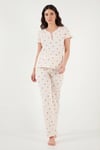 Lela Pamuklu Regular Fit Yumuşak Dokulu Düğmeli V Yaka Kadın Pijama Takımı 65770755 EKRU