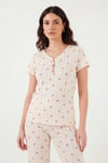 Lela Pamuklu Regular Fit Yumuşak Dokulu Düğmeli V Yaka Kadın Pijama Takımı 65770755 EKRU