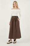 Lela Pamuklu Relaxed Fit Lastikli Bel Kemer Detaylı Midi Boy Bayan Etek 6921273 KAHVE