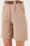 Lela Pamuklu Relaxed Fit Yüksel Bel Kemerli Gabardin Short Bayan Şort 668YP4710 CAMEL