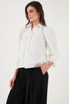 Lela Pamuklu Slim Fit Nakışlı Balon Kol Bayan Gömlek 676208 EKRU