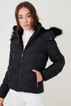 Lela Peluş Astarlı Slim Fit Suni Kürklü Çıkarılabilir Kapüşonlu Cepli Bayan Mont 497ADELE SİYAH