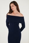 Lela Premium Fitilli Carmen Yaka Slim Fit Midi Boy Triko Bayan Elbise 680EL00033 LACİVERT