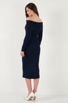 Lela Premium Fitilli Carmen Yaka Slim Fit Midi Boy Triko Bayan Elbise 680EL00033 LACİVERT