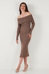 Lela Premium Fitilli Carmen Yaka Slim Fit Midi Boy Triko Bayan Elbise 680EL00033 VİZON