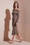 Lela Premium Fitilli Carmen Yaka Slim Fit Midi Boy Triko Bayan Elbise 680EL00033 VİZON