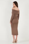 Lela Premium Fitilli Carmen Yaka Slim Fit Midi Boy Triko Bayan Elbise 680EL00033 VİZON