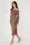 Lela Premium Fitilli Carmen Yaka Slim Fit Midi Boy Triko Bayan Elbise 680EL00033 VİZON