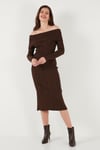 Lela Premium Fitilli Carmen Yaka Slim Fit Midi Boy Triko Bayan Elbise 680EL00033 KAHVE