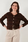 Lela Premium Regular Fit Bisiklet Yaka Düğmeli Dokulu Triko Bayan Hırka 680HI00337 KAHVE