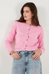 Lela Premium Regular Fit Bisiklet Yaka Düğmeli Dokulu Triko Bayan Hırka 680HI00337 Şeker Pembe