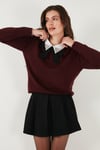 Lela Premium Regular Fit Gömlek Yaka Yumuşak Dokulu Fiyonk Detaylı Taşlı Bayan Kazak 680KZ00035 BORDO