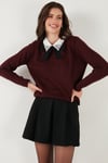 Lela Premium Regular Fit Gömlek Yaka Yumuşak Dokulu Fiyonk Detaylı Taşlı Bayan Kazak 680KZ00035 BORDO