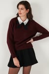 Lela Premium Regular Fit Gömlek Yaka Yumuşak Dokulu Fiyonk Detaylı Taşlı Bayan Kazak 680KZ00035 BORDO