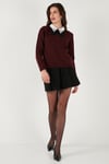 Lela Premium Regular Fit Gömlek Yaka Yumuşak Dokulu Fiyonk Detaylı Taşlı Bayan Kazak 680KZ00035 BORDO