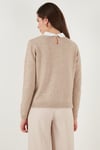 Lela Premium Regular Fit Gömlek Yaka Yumuşak Dokulu Fiyonk Detaylı Taşlı Bayan Kazak 680KZ00035 VİZON