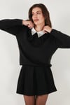 Lela Premium Regular Fit Gömlek Yaka Yumuşak Dokulu Fiyonk Detaylı Taşlı Bayan Kazak 680KZ00035 SİYAH