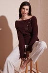 Lela Premium Regular Fit Kayık Yaka Düğme Detaylı Bayan Kazak 680KZ002563 BORDO