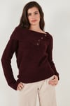 Lela Premium Regular Fit Kayık Yaka Düğme Detaylı Bayan Kazak 680KZ002563 BORDO