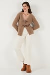 Lela Premium Regular Fit V Yaka Çift Kemerli Peluş Bayan Hırka 680HI00112 VİZON