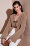 Lela Premium Regular Fit V Yaka Çift Kemerli Peluş Bayan Hırka 680HI00112 VİZON