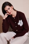 Lela Premium Tül Çiçek Detaylı Regular Fit Bisiklet Yaka Düğmeli Triko Bayan Hırka 680HI002421 BORDO