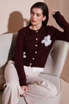 Lela Premium Tül Çiçek Detaylı Regular Fit Bisiklet Yaka Düğmeli Triko Bayan Hırka 680HI002421 BORDO
