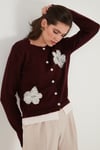 Lela Premium Tül Çiçek Detaylı Regular Fit Bisiklet Yaka Düğmeli Triko Bayan Hırka 680HI002421 BORDO