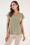 Lela Rahat Kesim Esnek V Yaka Kadın Bluz 5865039 Olive