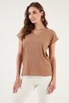 Lela Rahat Kesim Esnek V Yaka Kadın Bluz 5865039 CAMEL
