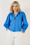 Lela Regular Fit Balon Kollu Poplin Bayan Gömlek 611GO0153 İNDİGO