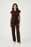 Lela Regular Fit Beli Büzgülü Kısa Kollu Bayan Takım 6928870 KAHVE